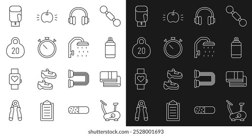 Bicicleta estática, pila de toallas, saco de boxeo, auriculares, cronómetro, Kettlebell, guante de boxeo e icono de la cabeza de la ducha. Vector