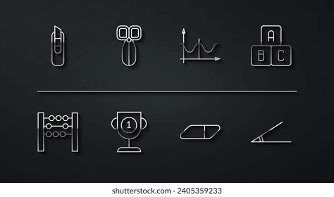 Set line Stationery knife, Abacus, ABC blocks, Eraser or rubber, Award cup, Scissors, Acute angle and Graph, schedule, chart, diagram icon. Vector