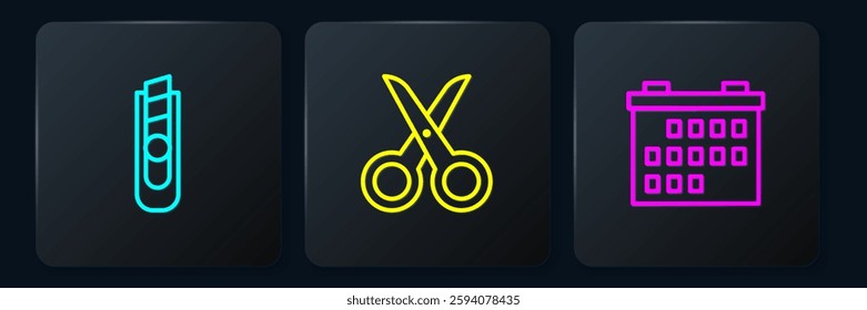 Set line Stationery knife, Calendar and Scissors. Black square button. Vector