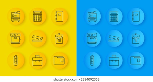 Set line Stationery knife, Coffee machine, Office stapler, Document folder, Calendar, Printer, Spiral notebook and Calculator icon. Vector