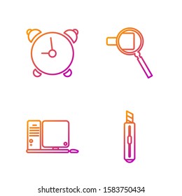 Set line Stationery knife, Computer monitor with keyboard and mouse, Alarm clock and Magnifying glass. Gradient color icons. Vector