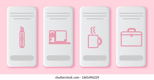 Set line Stationery knife, Computer monitor with keyboard and mouse, Coffee cup and Briefcase. White rectangle button. Vector