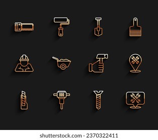 Set line Stationery knife, Construction jackhammer, Hand saw, Metallic screw, Location with wrench, Wheelbarrow,  and Hammer icon. Vector