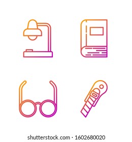 Set line Stationery knife, Glasses, Table lamp and Book. Gradient color icons. Vector