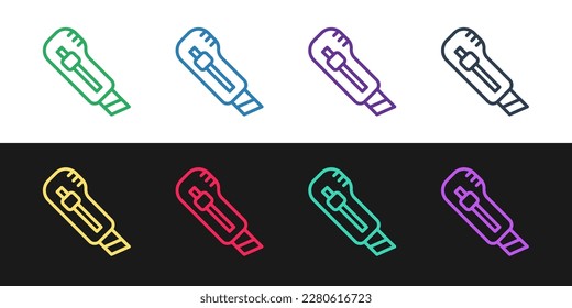 Set line Stationery knife icon isolated on black and white background. Office paper cutter.  Vector