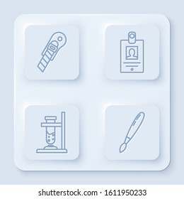 Set line Stationery knife, Identification badge, Glass test tube flask on fire and Paint brush. White square button. Vector