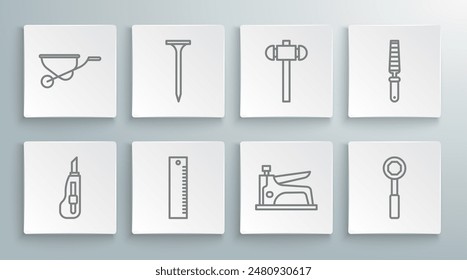 Set line Stationery knife, Metallic nail, Ruler, Construction stapler, Wrench spanner, Sledgehammer, Chisel tool for wood and Wheelbarrow icon. Vector