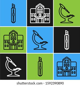 Set line Stationery knife, Microscope and School building icon. Vector