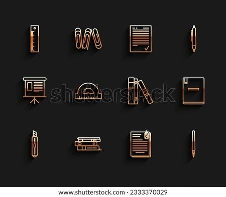 Set line Stationery knife, Office folders with papers and documents, Ruler, File clip, Pen, Protractor grid for measuring degrees, Notebook and  icon. Vector