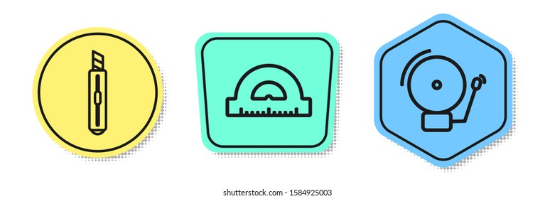 Set line Stationery knife, Protractor grid for measuring degrees and Ringing alarm bell. Colored shapes. Vector