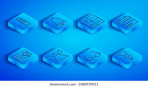 Set line Stationery knife, Ringing bell, Calculator, Light rays prism, Glasses, Calendar, Certificate template and Fountain pen nib icon. Vector