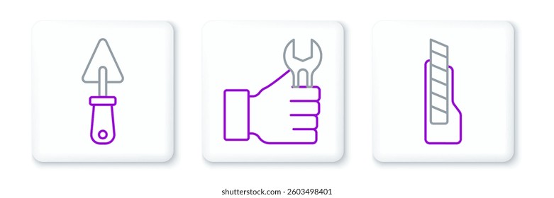 Set line Stationery knife, Trowel and Wrench spanner icon. Vector