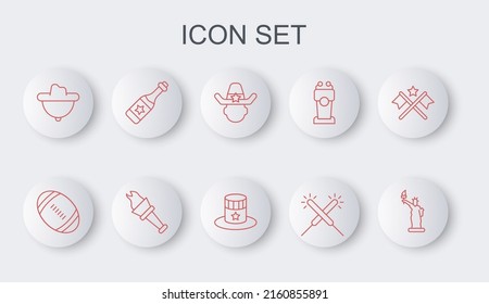 Set line Statue of Liberty, American Football ball, Sheriff cowboy, Sparkler firework, Western hat, Champagne bottle, Torch flame and Patriotic top icon. Vector