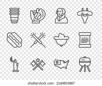 Set line Statue of Liberty, Barbecue grill, George Washington, American flag, Paper glass, Sparkler firework, USA map and Declaration independence icon. Vector