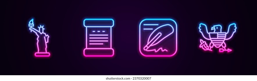 Set line Statue of Liberty, Declaration independence,  and Eagle. Glowing neon icon. Vector svg