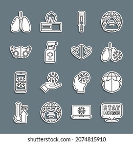 Set line Stay home, Earth with medical mask, Virus cells in lung, Medical thermometer, Liquid antibacterial soap, protective, Lungs and  icon. Vector