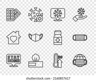 Set line Stay home, Earth with medical mask, Corona virus on location, Wet wipe pack, Pills in blister, Medical protective, High human body temperature and  icon. Vector