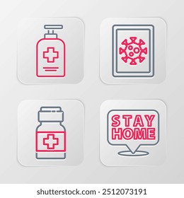Set line Stay home, Medicine bottle and pills, Virus statistics on monitor and Liquid antibacterial soap icon. Vector