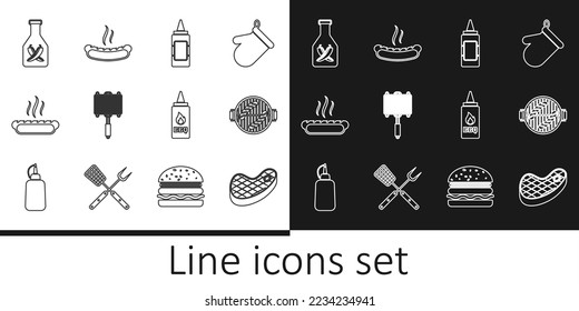 Set line Steak meat, Barbecue grill with sausage, Mustard bottle, steel grid, Hotdog sandwich, Ketchup,  and  icon. Vector