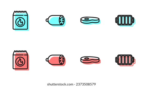 Set line Steak meat, Barbecue coal bag, Salami sausage and grill icon. Vector