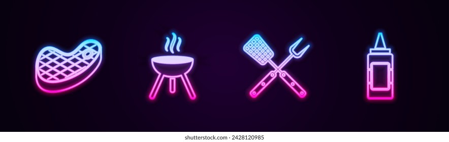 Set line Steak meat, Barbecue grill, Crossed fork and spatula and Mustard bottle. Glowing neon icon. Vector