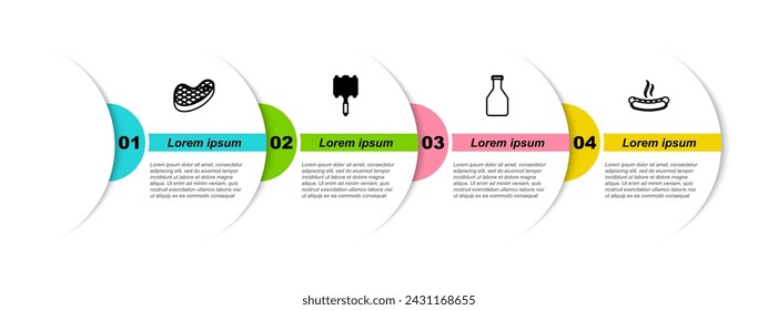 Set line Steak meat, Barbecue steel grid, Ketchup bottle and Hotdog sandwich. Business infographic template. Vector