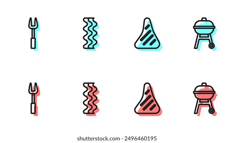 Set line Steak meat, Barbecue fork, Bacon stripe and grill icon. Vector