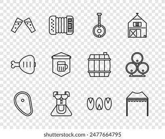 Set line Steak meat, Camping tent, Banjo, Costume for women dirndl, Glass of beer, Signboard with glass, Pistachio nuts and Wooden barrels icon. Vector