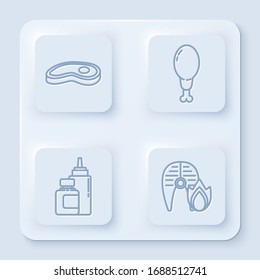 Set line Steak meat, Chicken leg, Sauce bottle and Grilled fish steak and fire flame. White square button. Vector