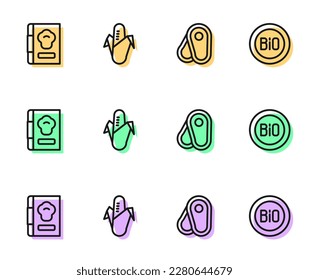 Set line Steak meat, Cookbook, Corn and Banner for bio icon. Vector