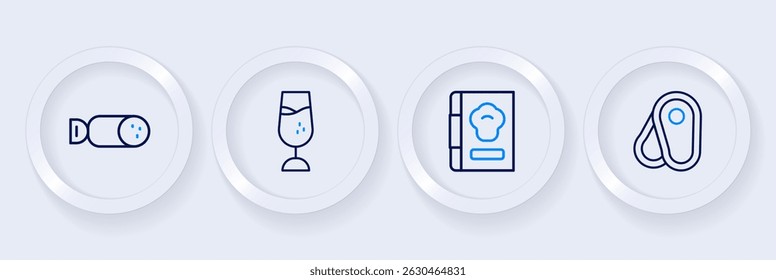 Set line Steak meat, Cookbook, Wine glass and Salami sausage icon. Vector