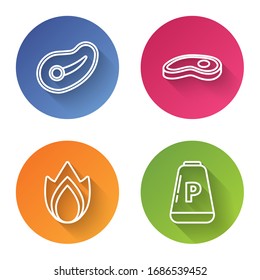 Set line Steak meat, Steak meat, Fire flame and Pepper. Color circle button. Vector