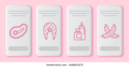 Steak-Fleisch, Fischsteak, Sauce-Flasche und Crossed-Wurst. Weiße Rechtecktaste. Vektorillustration