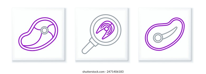 Set line Steak meat,  and Fish steak in frying pan icon. Vector