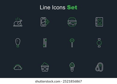 Set line Steak meat, Fly agaric mushroom, Popcorn in cardboard box, Taco with tortilla, Chicken leg, Lollipop, Food chopsticks and  icon. Vector