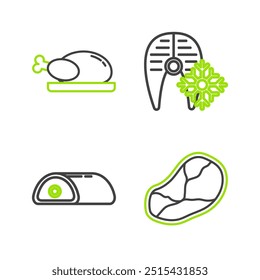 Set line Steak meat, Meat, Fresh frozen fish steak and Roasted turkey or chicken icon. Vector