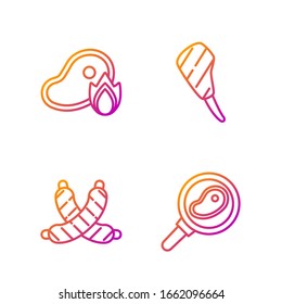 Set line Steak meat in frying pan, Crossed sausage, Grilled steak meat and fire flame and Rib eye steak. Gradient color icons. Vector