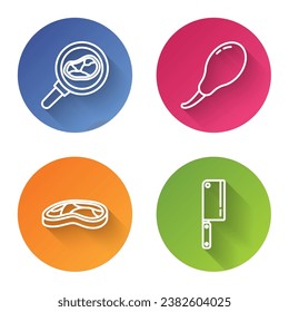 Set line Steak meat in frying pan, Chicken leg, Steak meat and Meat chopper. Color circle button. Vector