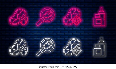 Set line Steak meat in frying pan, Fresh frozen steak meat, Grilled steak meat and fire flame and Sauce bottle. Glowing neon icon on brick wall. Vector