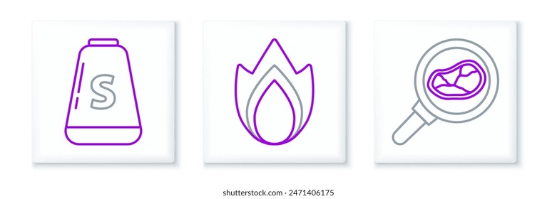 Set line Steak Fleisch in Bratpfanne, Salz und Feuer Flamme Symbol. Vektorgrafik