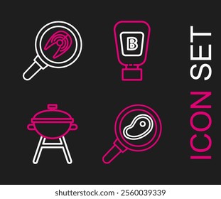 Set line Steak meat in frying pan, Barbecue grill, Sauce bottle and Fish steak icon. Vector