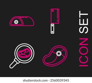 Set line Steak meat, in frying pan, Meat chopper and  icon. Vector