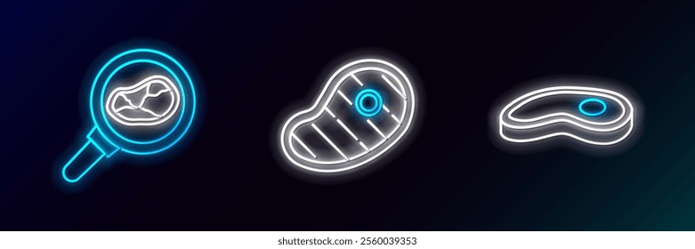Set line Steak meat, in frying pan and  icon. Glowing neon. Vector