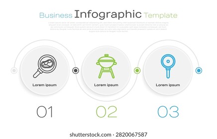 Set line Steak meat in frying pan, Barbecue grill and Frying pan. Business infographic template. Vector