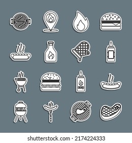 Set line Steak meat, Hotdog sandwich, Mustard bottle, Fire flame, Ketchup, Barbecue grill with sausage and Oven glove icon. Vector