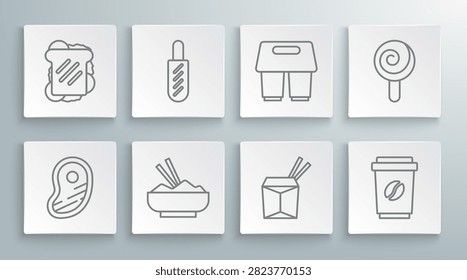 Set line Steak meat, Hotdog sandwich, Rice in bowl with chopstick, Asian noodles chopsticks, Coffee cup to go, Lollipop and Sandwich icon. Vector