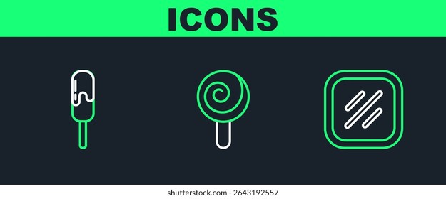 Set line Steak meat, Ice cream and Lollipop icon. Vector