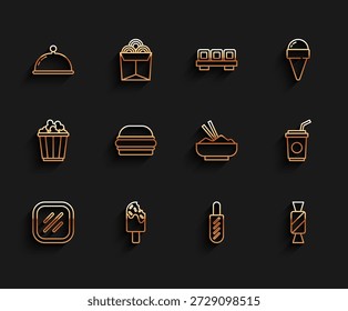 Set-Linie Steak Fleisch, Eis, mit Tablett bedeckt, Hotdog Sandwich, Candy, Burger, Papierglas Stroh und Reis in der Schüssel chopstick Symbol. Vektorgrafik