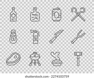 Fija carne de filete, martillo de cocina, lata de soda, parrilla barbacoa, salsa de tabasco, extinguidor de incendios, pastel casero e icono de tenedor. Vector
