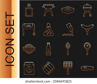 Set line Steak meat, Kitchen thermometer, Sausage on fork, Barbecue grill, Cutting board and Sauce bottle icon. Vector